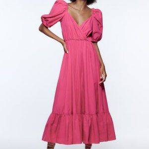 Zara PUFF SLEEVE MIDI DRESS DARK FUCHSIA (New with tags)